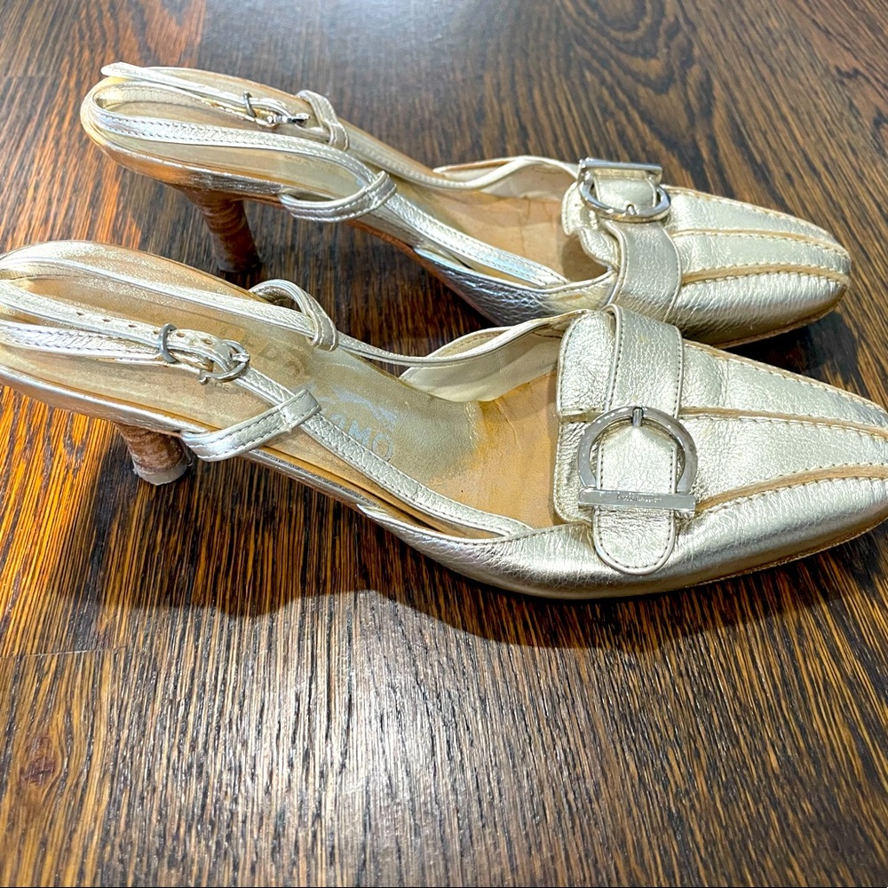 Ferragamo champagne metallic mule sling backs